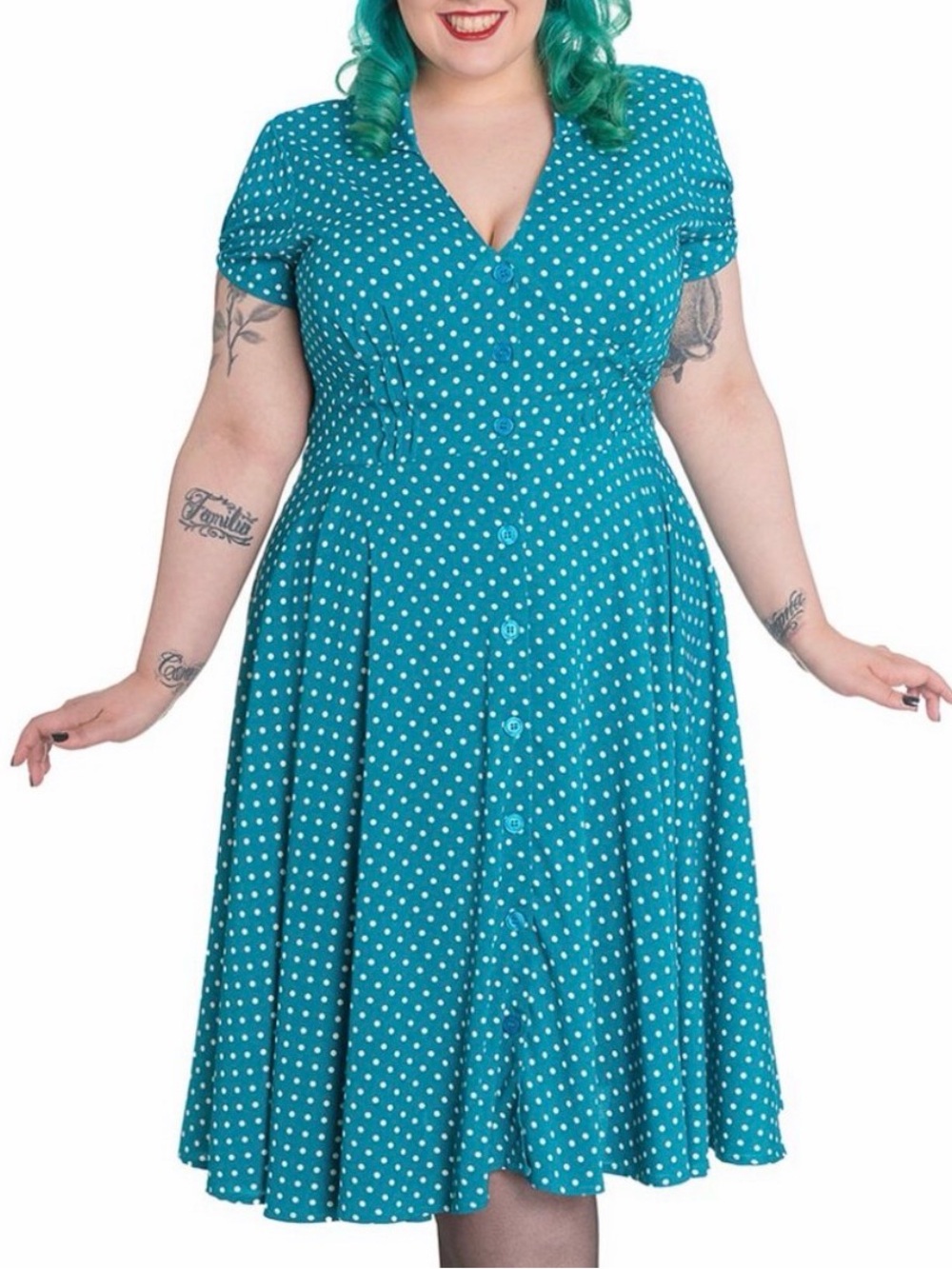Hell Bunny Harriet Polka Dot Retro Swing Dress in Teal Size XL